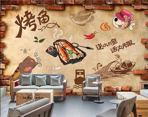 tyujlkjddlf Tapete Wandbild 3D Benutzerdefinierte Backsteinmauer Gegrillter Fisch Restaurant Restaurant Wandbild Hintergrundwand-300Cmx210Cm