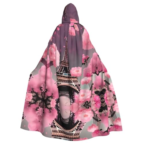 YQxwJL Paris Street Eiffelturm Rosa Blumendruck Halloween Umhang Herren mit Kapuze Umhang Renaissance Umhang für Erwachsene Cosplay Hexenumhang Umhang