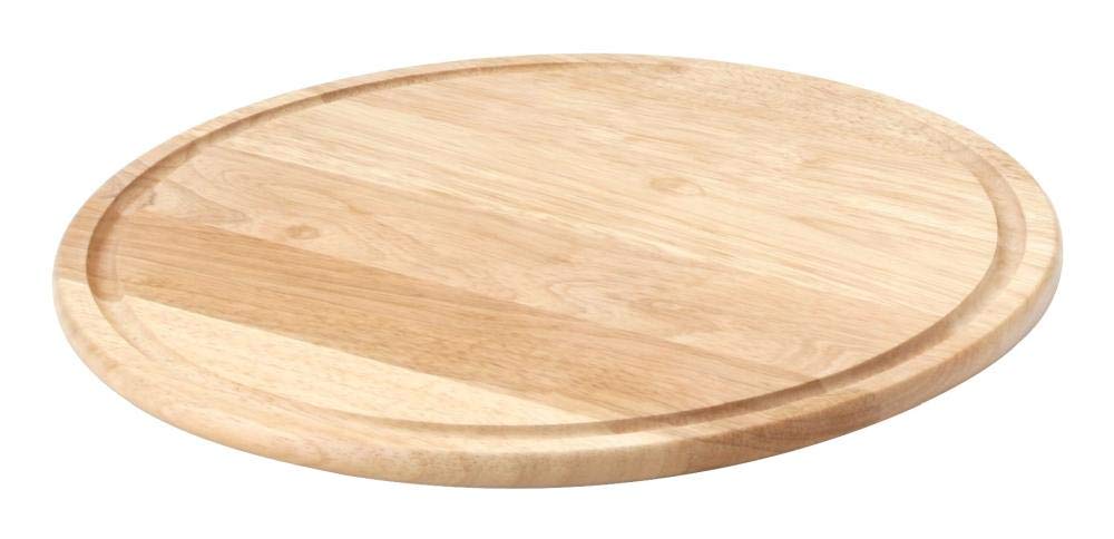 Continenta 4 Stück Holz Pizzateller aus Gummibaumholz mit Rille für Flüssigkeiten, Pizzabretter, Holzteller, Größe: Ø 33 x 1,2 cm, Danto® Vorteils-Set