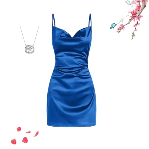 WINDEHAO Lässiges Satin-Minikleid für Damen, sexy, ärmellos, Spaghettiträger, drapiert, offener Rücken, seidiges Satin-Minikleid, Blau, Größe L