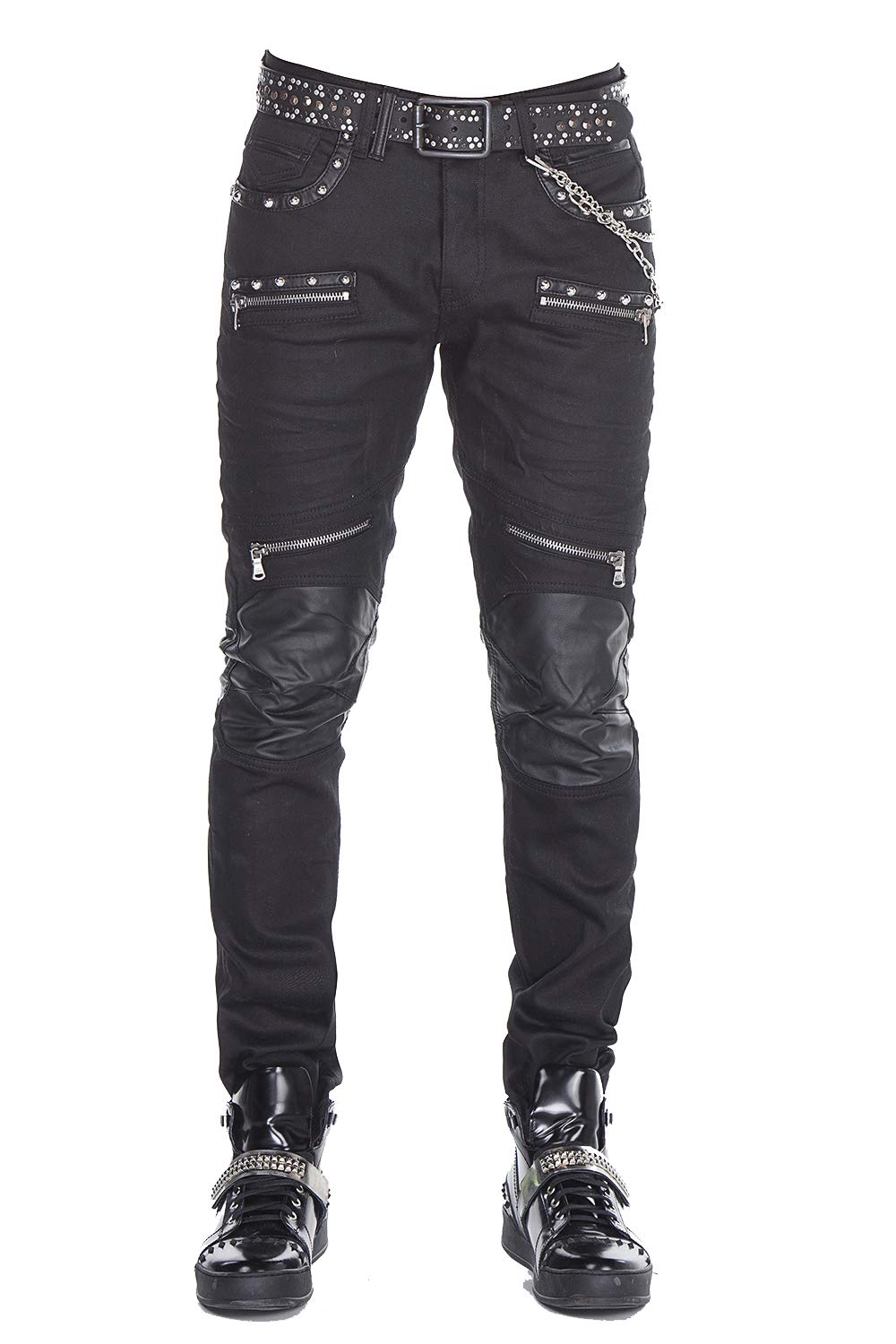 Cipo & Baxx Herren Regular Fit Jeans Hose Slim Fit Rockig Denim Lederapplikationen Jeans Hose Schwarz W33 L34