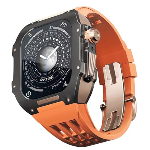 KANUZ Uhren-Modifikationsset für Apple Watch 6 5 4 SE 44 mm Titangehäuse + Viton-Armband, Luxusgehäuse und Armbandmodifikationsset (Farbe: Orange 4, Größe: 44 mm)