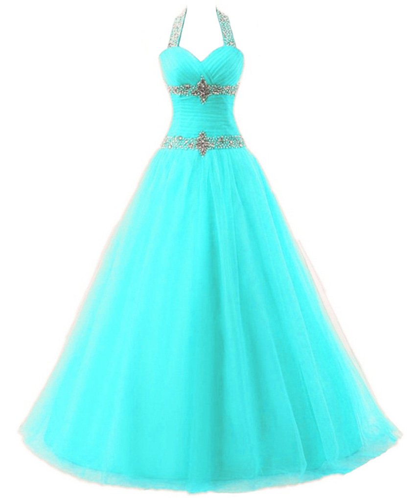 Zorayi Damen Lange Halfter Kristall Tüll A-Linie Abendkleid Prom Ballkleid Partykleider Türkis Größe 42