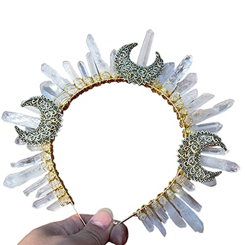 Natürlicher Kristall-Quarz-Schmuck-Stirnband, Retro-Stil, Metall, Mond, Hexe, Zauberer, Hochzeit, Braut, Kopfschmuck, Foto-Requisiten, Mond, Hexe, Zauberer, Stirnband