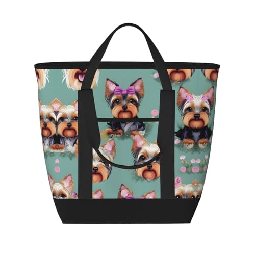 Isolierte Kühltasche mit Yorkie-Blumendruck, großes Fassungsvermögen, Einkaufstasche, Reisetasche, Strand, wiederverwendbare Einkaufstasche für Erwachsene, Schwarz, Einheitsgröße