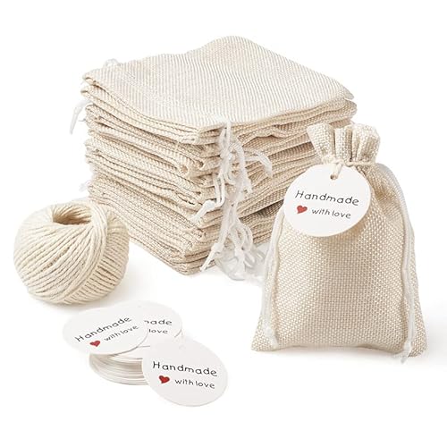 Crepundia Jute Beutel mit Kordelzug, Sackleinen Verpackung Beutel Kordelzug Taschen Papier Preisschilder und Hanfkabel Twine String für Schmuck Machen Schmuckanzeige