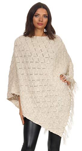 Mississhop Damen Poncho mit Kaschmir und Wolle Hochwertiges Cape XXL Umhängetuch Strick Pullover mit Quasten 3014 Beige