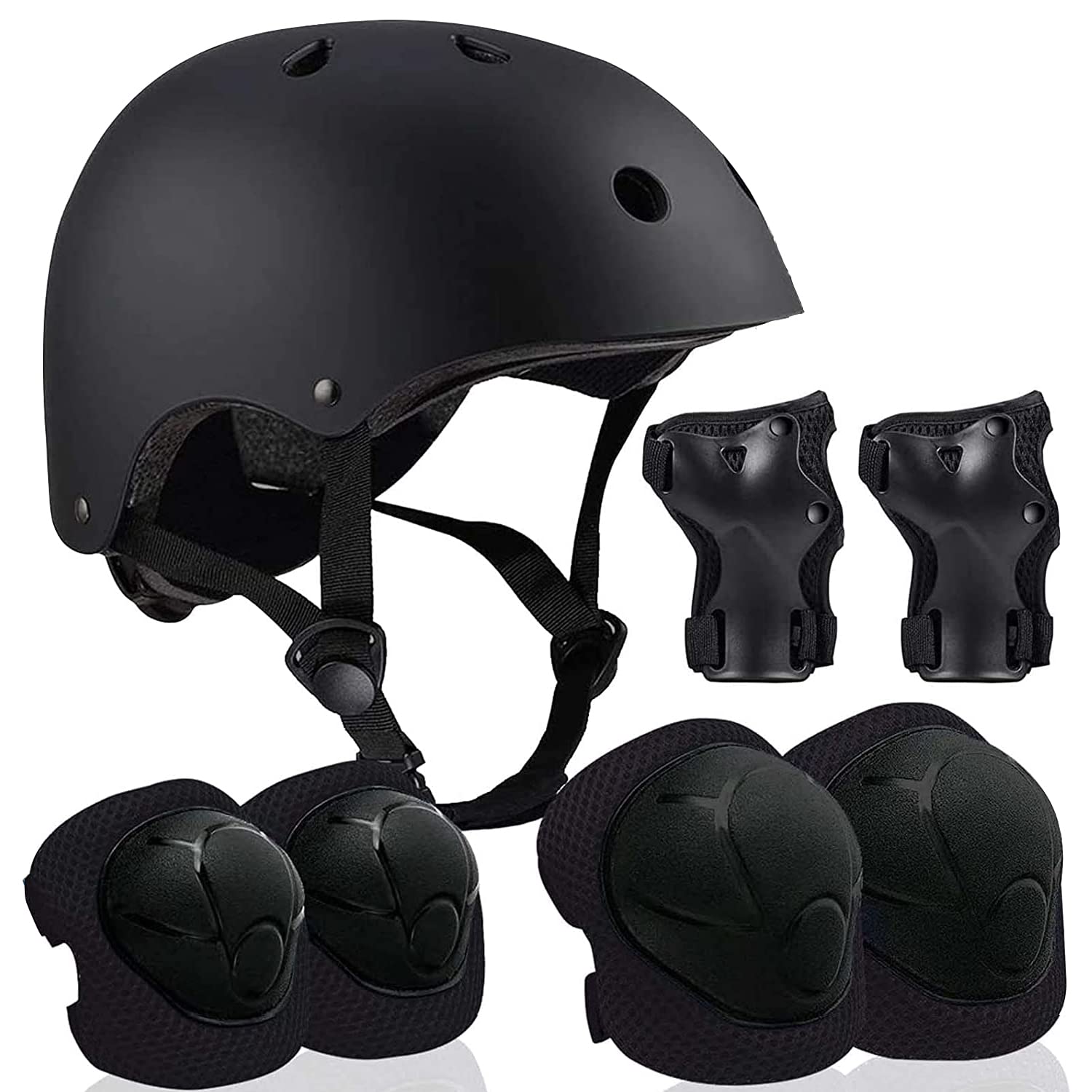 7 in 1 Schoner Set Kinder mit Helm für 3-8 Jahre, Einstellbar Protektoren Set Inliner Kinder mit Knieschoner Handgelenkschoner Ellenbogenschoner für Skate Skateboard Roller Radfahren (Schwarz)