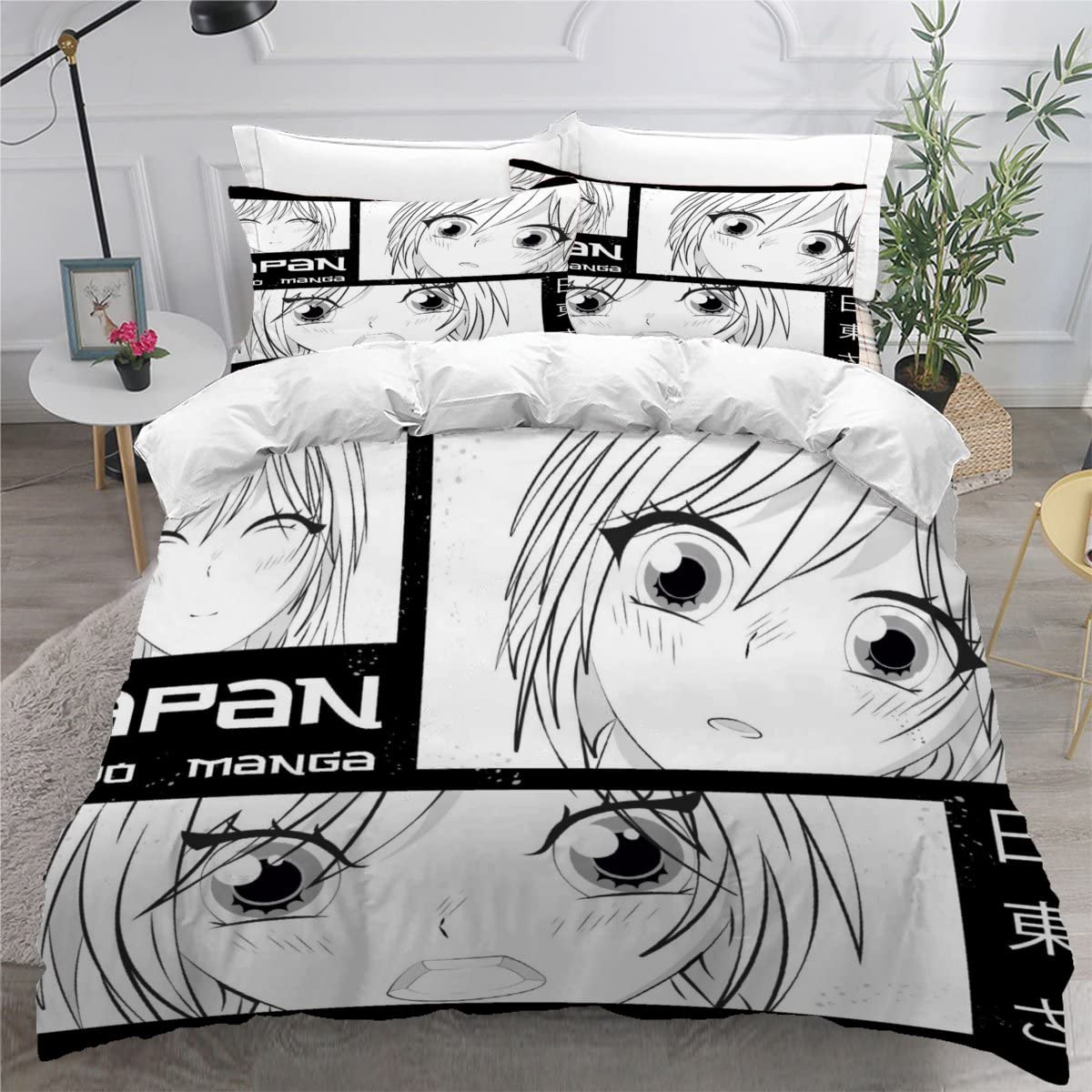 RLYXGS Anime Bettwäsche 155x220 3D Druck Manga Bettwäsche-Sets Anime japanische Anime-Fan Mikrofaser Bettbezug für Jungen Teenager Bettwaren 3-teilig mit Reißverschluss+2 Kissenbezüge 80x80cm