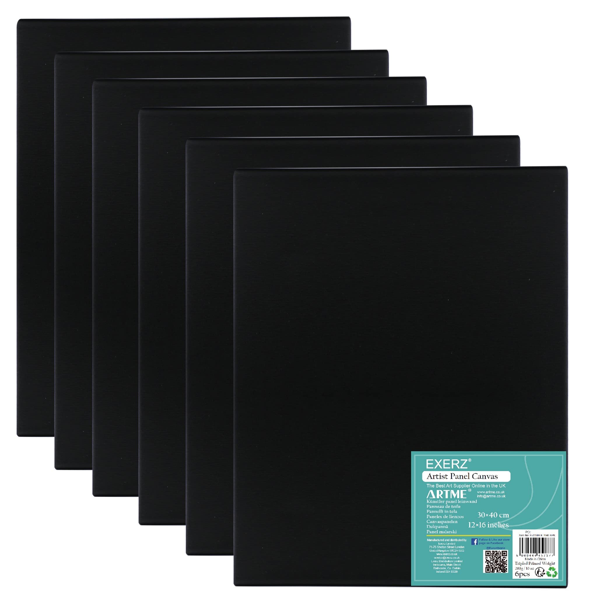 Exerz 30x40cm Malkarton 6er Set Schwarz- Leinwand-Panele 0.3cm dick 280GSM 100% Baumwolle/Weiß - Kunstleinwandtafel für Acrylfarben, Ölfarben - Dreifach Grundiert/Ohne Säure/Mittelkörnig