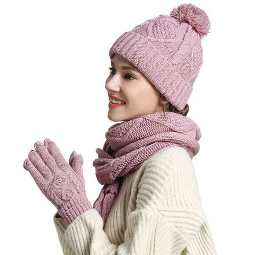 OROOTL Mütze, Schal & Handschuh Sets für Damen Winter, Touchscreen-Handschuhe Bommelmütze Handschuh Gestrickt Beanie Schnee Hut Warme Winterset 3 IN 1 für Mädchen, Frauen