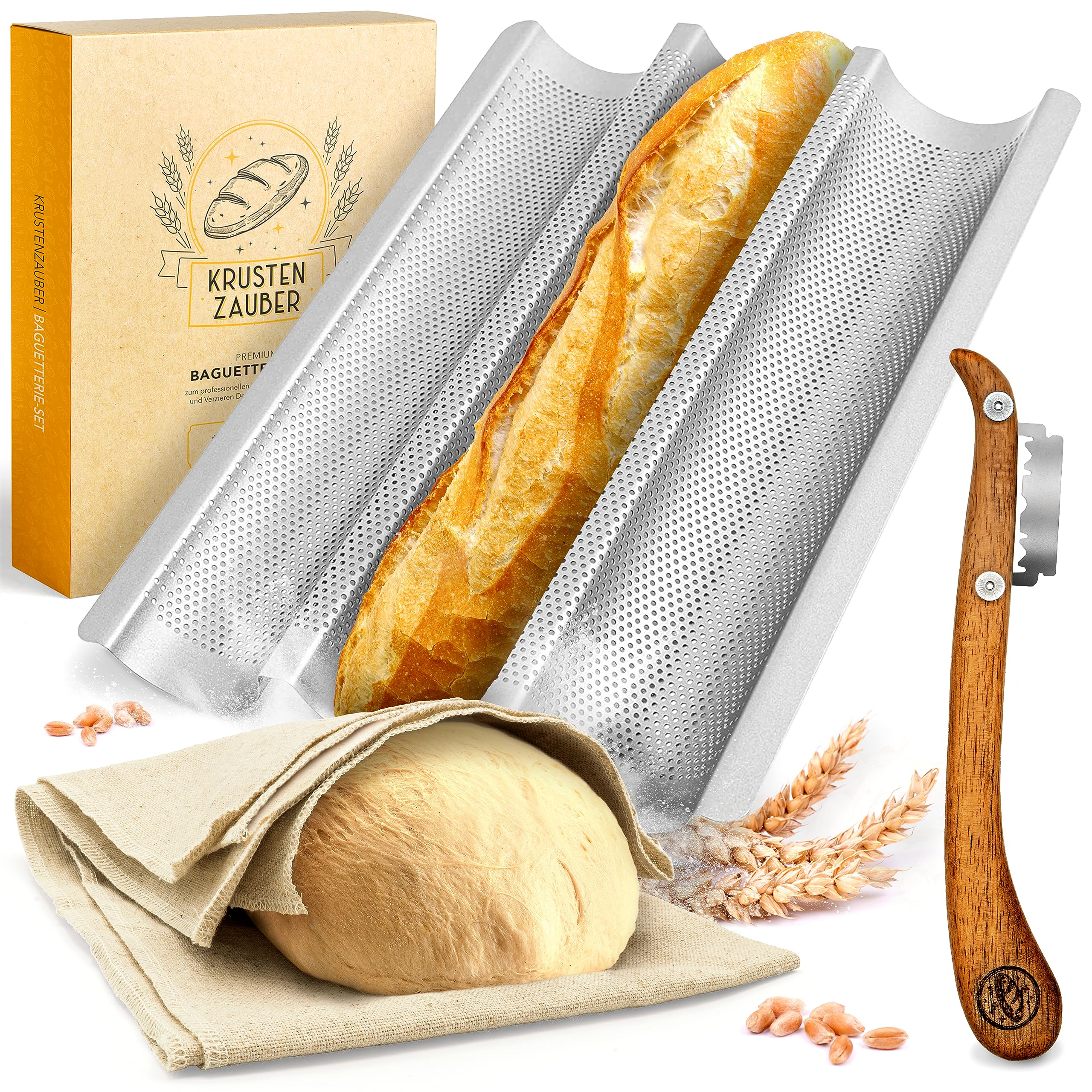 KRUSTENZAUBER Baguette Backform Antihaft inkl. Bäckerleinen u. Bäckermesser - 3er Baguette-Backblech - Ideal als Baguetteblech, Brotbackform, Baguetteform, Baguette Blech, Brot Backen Zubehör