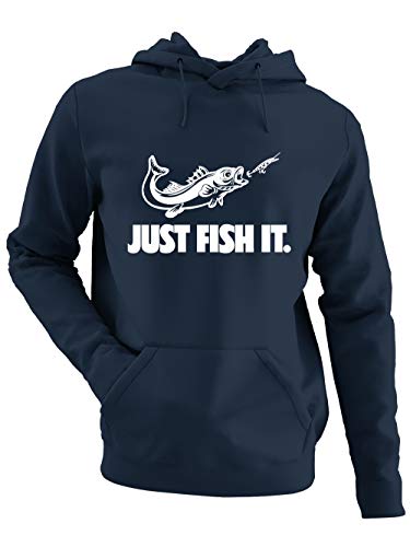 clothinx Herren Kapuzen-Pullover Angler Sprüche Just Fish it Navy/Weiß Größe L