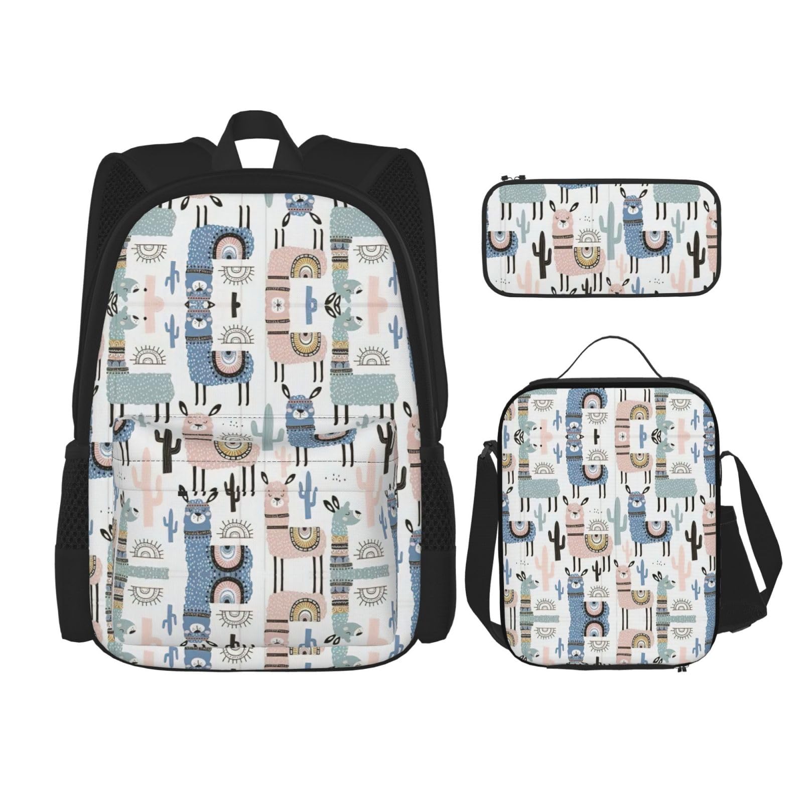 WURTON Lama Alpaka Kaktus Print Schulrucksack 3 in 1 Büchertasche Set mit Lunchbox Federmäppchen Reise Laptop Daypacks