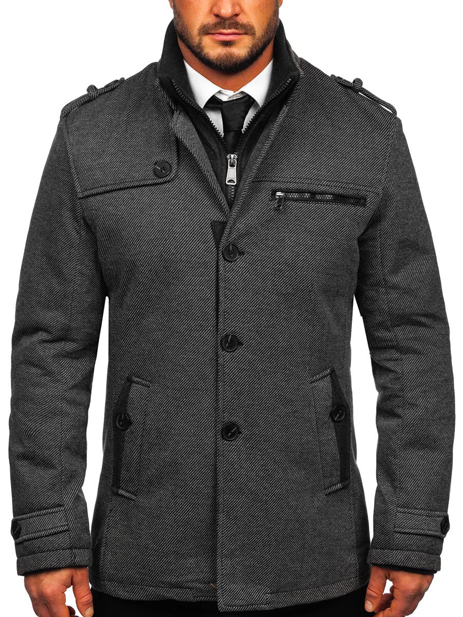 BOLF Herren Mantel Kurzmantel Wintermantel Winter Jacket Business Freizeit Reverskragen Herbst Jacke Mittellang Trenchcoat Outdoor Style 2128 Grau 3XL [4D4]