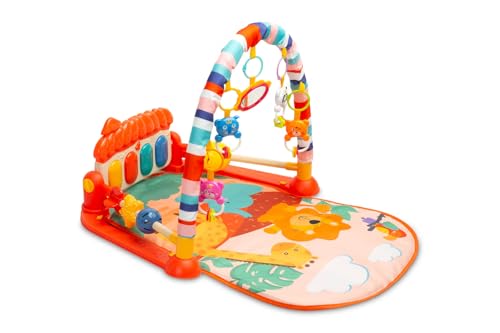 TOYZ - ZOO Spieldecke Baby mit Bogen und Musik - Krabbeldecke für Babys ab 0 Monate - für Mädchen/Junge - Baby Spielzeug mit Rasseln, Spiegel und Spielbrett - 73 x 59 x 46 cm - Orange