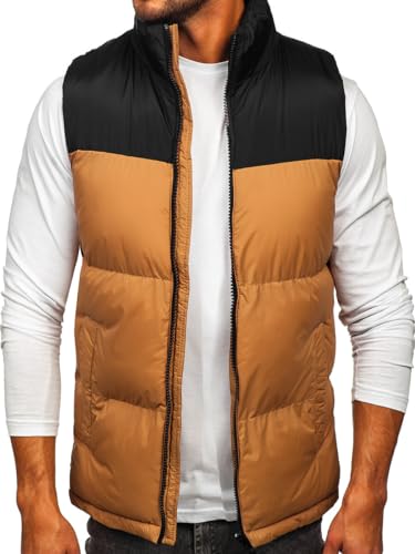 BOLF Herren Weste mit Stehkragen Steppweste Bodywarmer Daunenweste Reißverschluss Ärmellose Sportweste Zip Wärme Freizeit Outdoor Style 9969 Camel M [1U1]