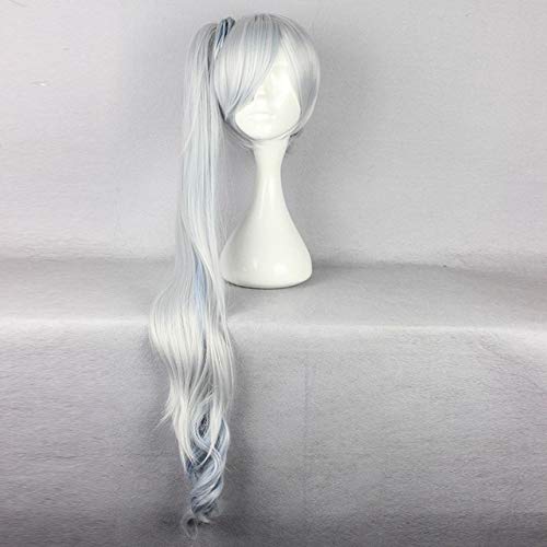 LINLINCD-Weiss Schnee 90cm lockiger gewellter hitzebeständiger synthetischer Haarkrallenclip Langer Pferdeschwanz Blau und Silber Weiß Gemischte Anime Perücken Weiss Schnee