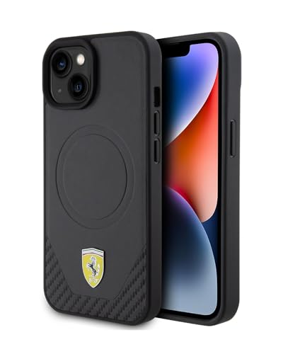 CG MOBILE Ferrari-Handyhülle, kompatibel mit Magsafe iPhone 15 Plus, schwarze PU-Unterseite, PU-Kohlefaser-Schutzhülle und strapazierfähige Hülle mit einfachem Schnappverschluss, Stoßdämpfung und