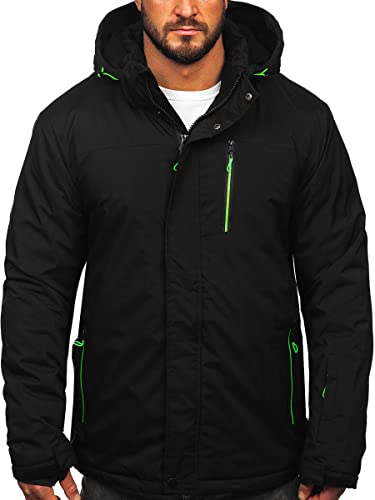 BOLF Herren Winterjacke Skijacke Snowboardjacke mit Reißverschluss und Kapuze Bündchen Outdoor Freizeit 7097 Schwarz-Grün S [4D4]