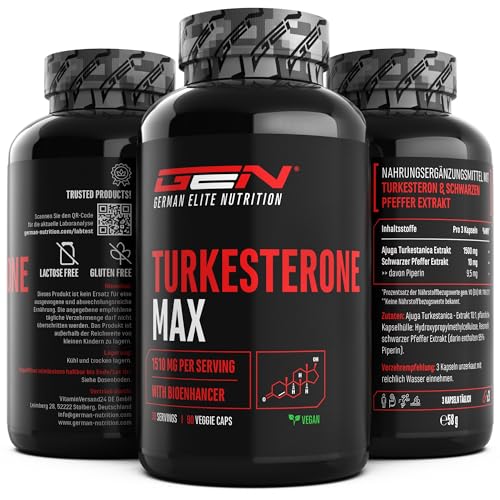 Turkesteron Max - 90 Kapseln - Extra hochdosiert mit 1510 mg pro Tagesportion - Mit Bioenhancer - Ohne unerwünschte Zusätze - Vegan