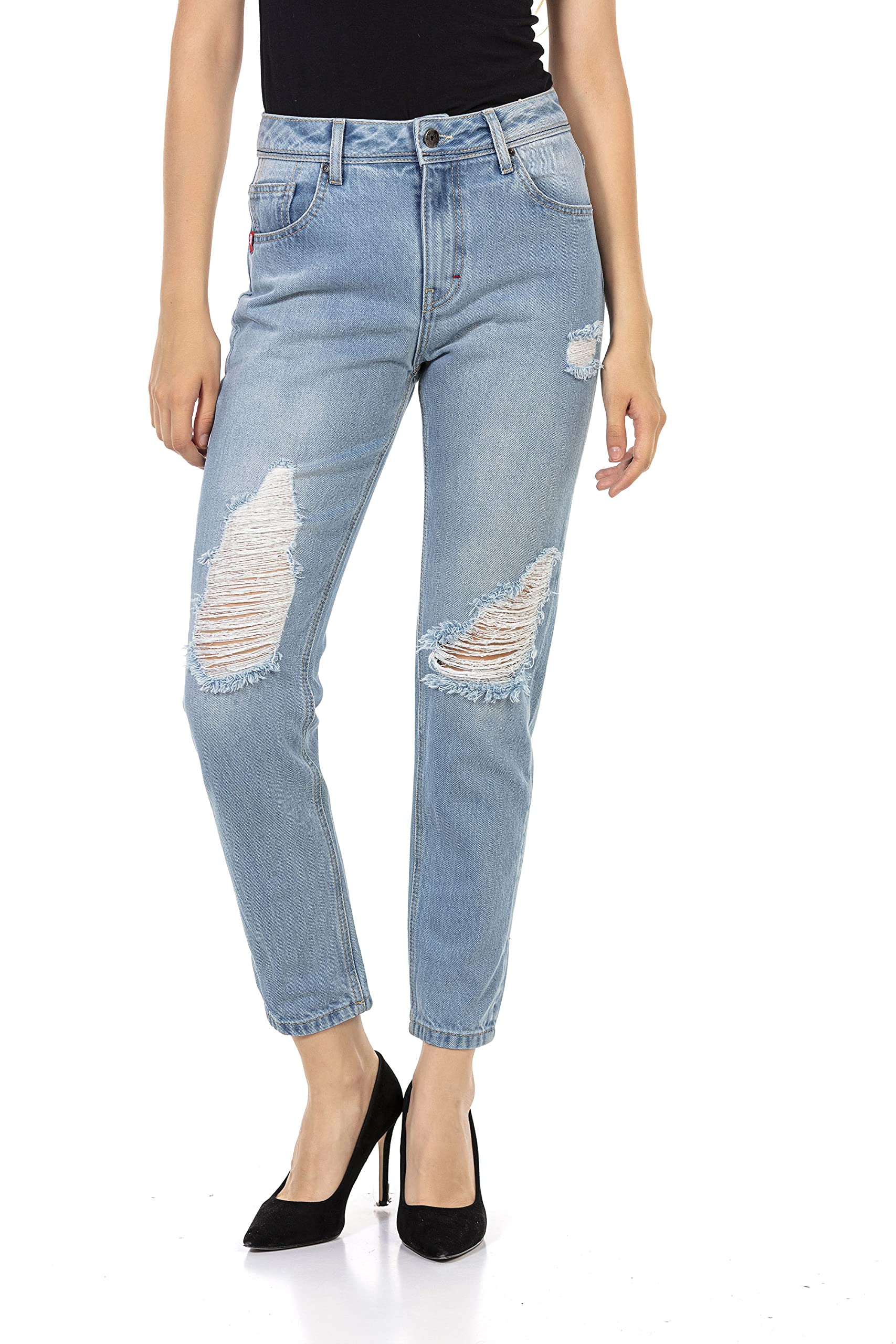 Cipo & Baxx Damen Jeanshose Destroyed Used Design Denim Pants Regular Fit WD451 Hellblau W30 L32