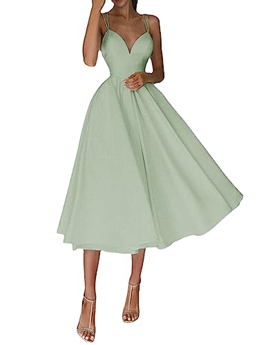 Elegantes Kleid mit V-Ausschnitt,Damen V-Ausschnitt Spaghetti-Träger Rückenfrei Cocktail Party Kleid Formal Brautjungfer Sonnenkleid (Green,M)