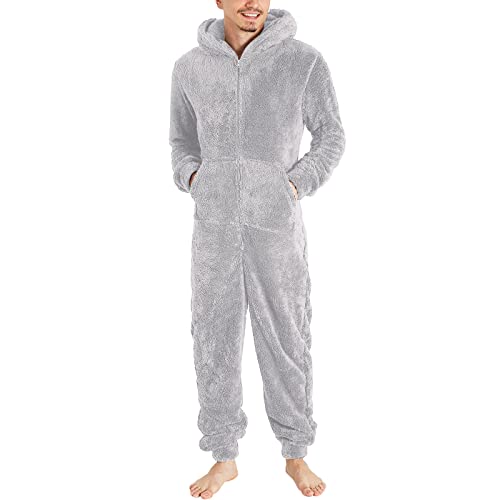 Herren Overall Jumpsuit, One Piece Anzug Fleece Onesie Weich Hausanzug Pyjama Flauschig Einteiler Lang Schlafanzug Herren und Teenager Jungen Schlafoverall S-5XL, Geschenke für Männer