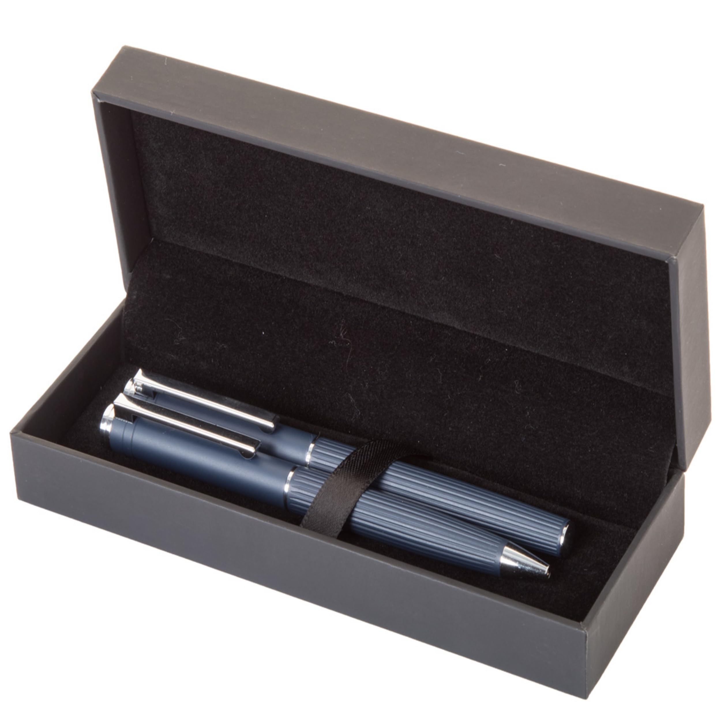 noTrash2003 Elegantes Schreibset aus Kugelschreiber und Tintenroller mit Aluminiumschaft in Streifenstruktur schwarze Geschenkbox, mit blauer Mine Büroartikel Geschenkidee (Blau)