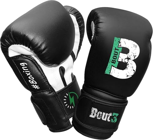 BOUT3® Kinder Boxhandschuhe | Kickboxen, Muay Thai Sparring, Training | Boxsack - Sandsack | Kampfsport, Punchinghandschuhe Coachinghandschuhe für Jungen, Mädchen (Schwarz, 10 Oz (12-16 Jahre))