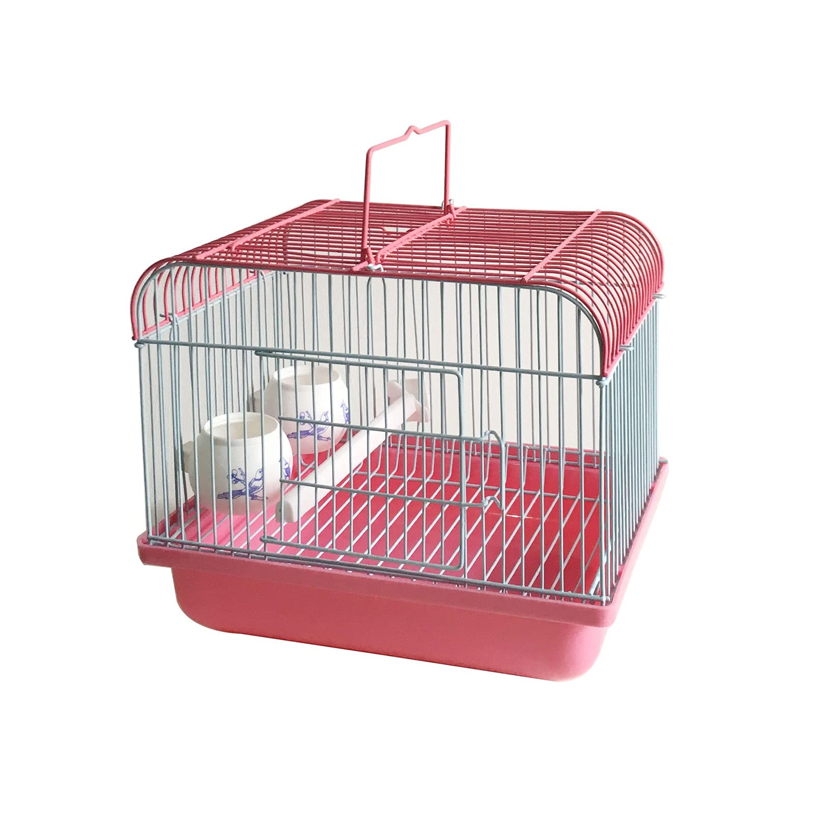 Kleiner tragbarer Vogelkäfig Reisebox, for Vögel und Kleintiere Vogeltransportbox mit Sitzstange und Futternäpfen Tragbarer Vogelreisekäfig Leichtes, atmungsaktives Heimtierzubehör(Pink)