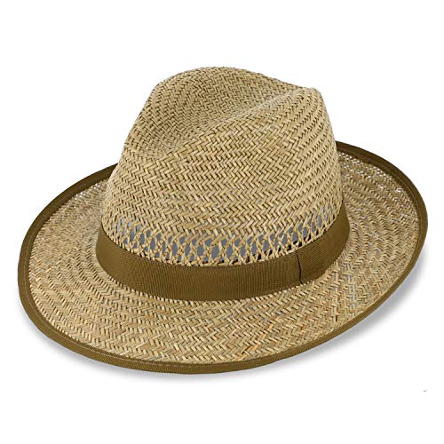 fiebig Bogart Strohhut für Damen & Herren | Sommerhut mit Ripsband & Einfass | Sonnenhut mit breiter Krempe | Fedora Made in Italy | Farbe Natur (55-S)