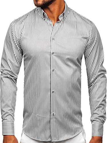 BOLF Herren Hemd Langarm Freizeithemd Langarmhemd Elegant Business Party Bügelleicht Farbwahl Classic Basic Slim Fit Casual Style 22731 Grau L [2B2]