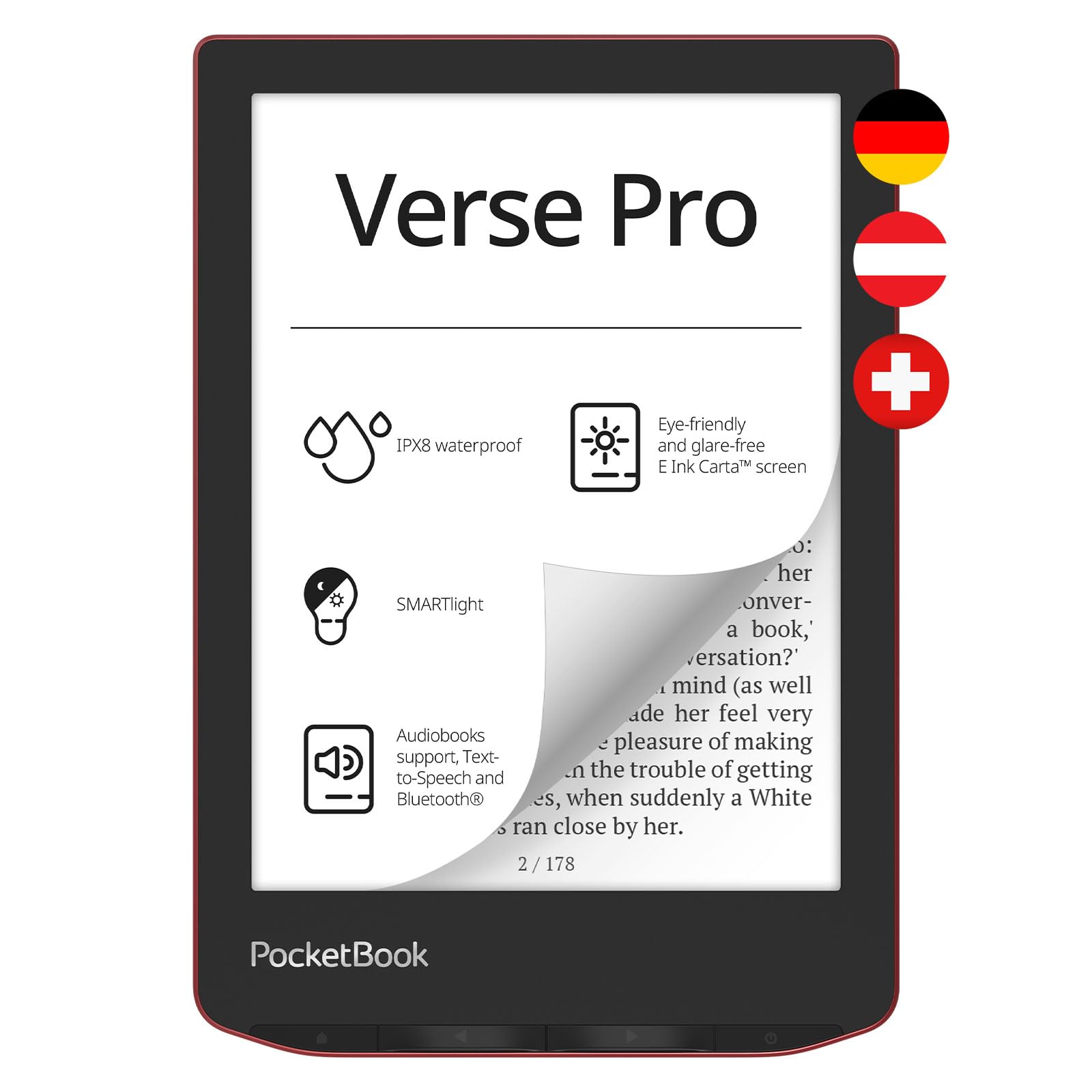 Pocketbook Verse Pro eReader Rot 6 Zoll 16 GB Speicher Kabelloser Hörbuchgenuss [Deutsche Version]