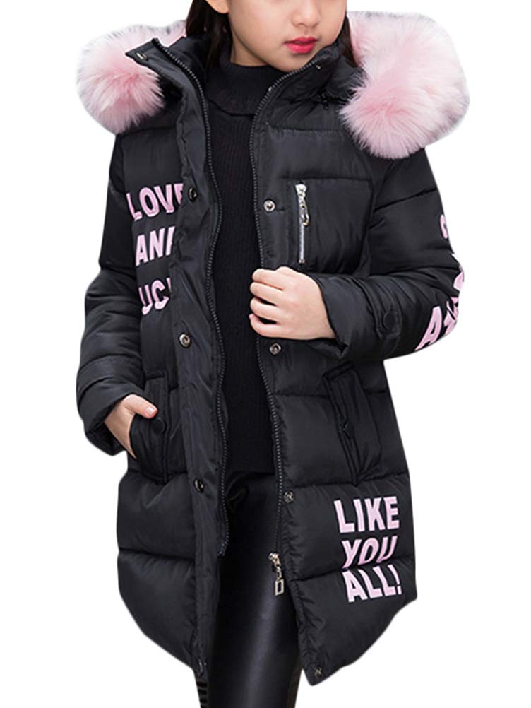 ShallGood Mädchen Wintermantel Jacke Mädchen Daunenjacke Herbst Winter Mantel Mit Kapuze Warm Kinder Daunenmantel Parka Outerwear Lang Oberbekleidung Kinderjacke Schwarz 160 cm