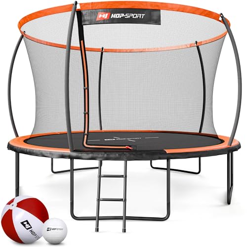 Hop-Sport Trampolin Outdoor Ø 305/366/427/488 cm - Trampolin mit innovativen, gebogenen Netzstangen, Sicherheitszertifikaten und Sicherheitsnetz (Orange/Schwarz, 366 cm)