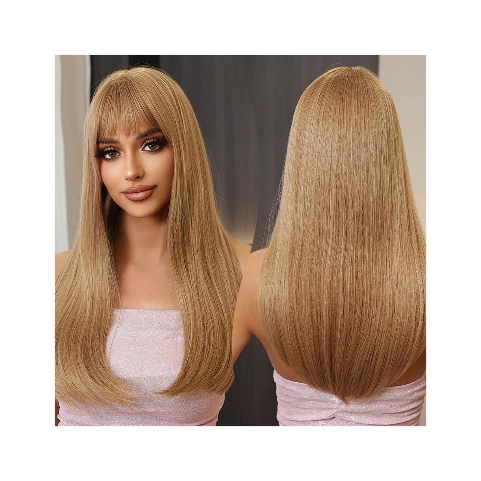 Perücken für Frauen Ombre Blonde Braune synthetische Perücken mit Pony, lange gerade Perücke for Frauen, Cosplay, natürliches Kunsthaar, Hochtemperaturfaser für den täglichen Gebrauch(LC3061-1)