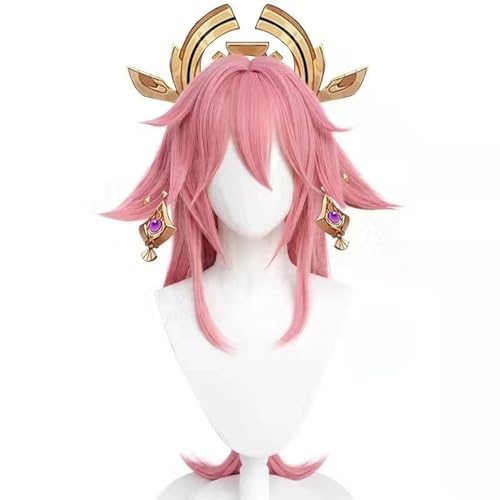 WCCNKK Anime Cosplay Perücke, Yae Miko Perücke, 85CM Rosa Langes Haar, Mit Kostenloser Perückenkappe, Für Party Alltag Halloween Perücke Cosplay, Anime-Geschenk