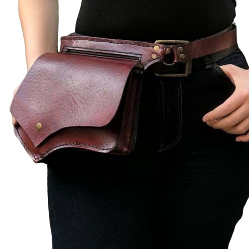 MDFCZXP Mittelalterliche Leder PU Taille Gürteltasche, Mittelalterliche Retro Gürteltasche Kunstleder Verstellbare Gürteltasche Umhängetasche Neuheit Sicherheit Handy Geldbörse,Rot,23cm