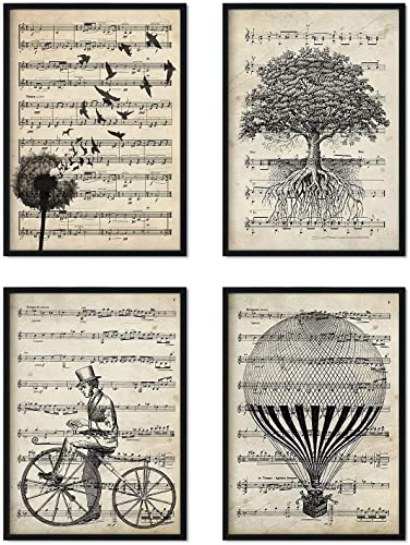 Premium 4er Set Poster mit Musikmotiven | Vintage Illustrationen Bilderbögen | Natur und Inspiration, um das Zuhause zu dekorieren / A4-Format (21x29,7cm) mit schwarzem Rahmen /