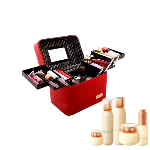 Make-up-Organizer-Box, effizienter Kosmetikkoffer, Mehrzweck-Make-up-Set-Halter, Make-up-Box mit handlichem, tragbarem Kosmetikspender für Innen- und Außenbereich, 27 x 18 x 16 cm, rot, Refer to