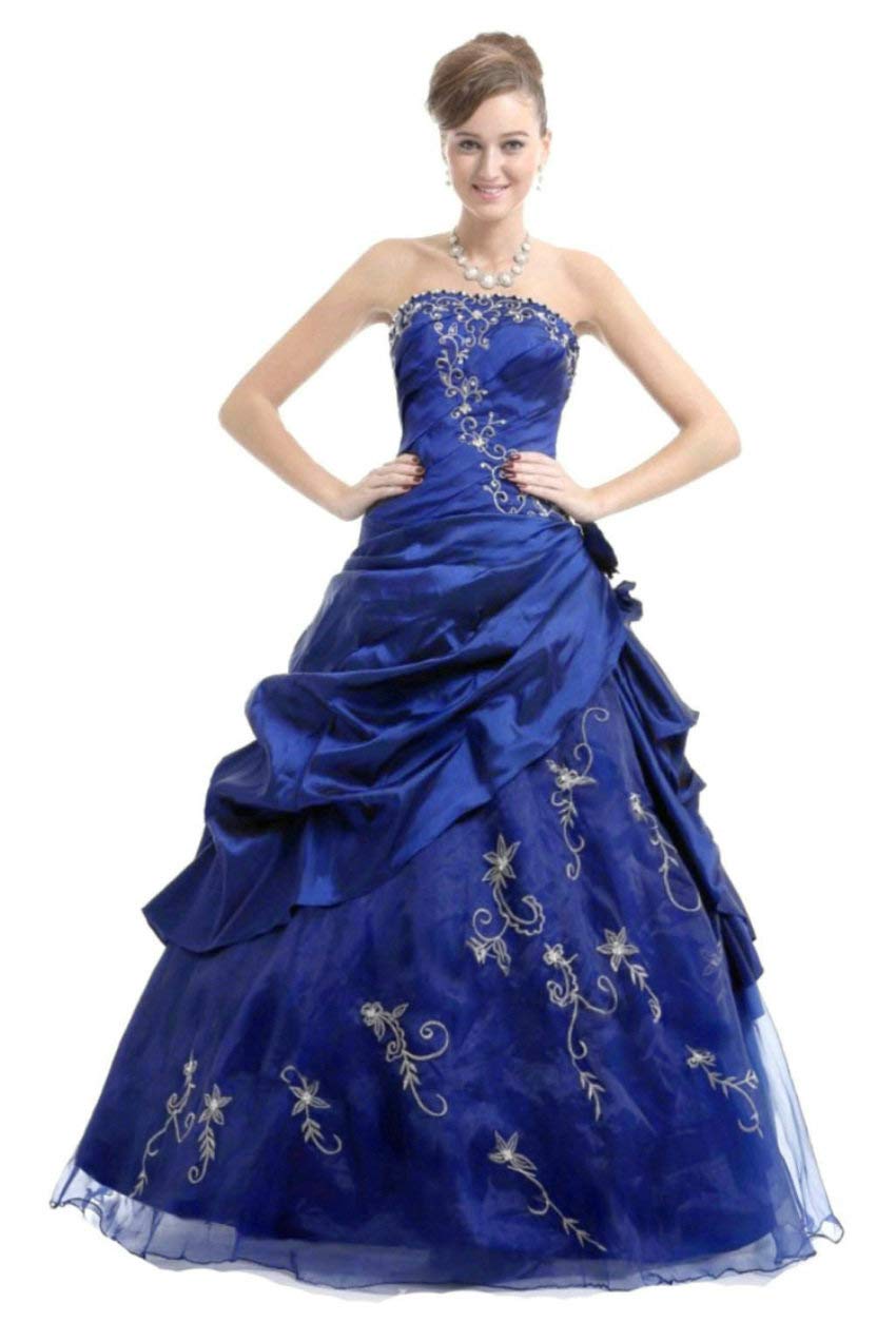 Zorayi Damen Trägerlos Silber Stickerei TAFT Prom Ballkleid Abendkleid Festkleider Blau Größe 40