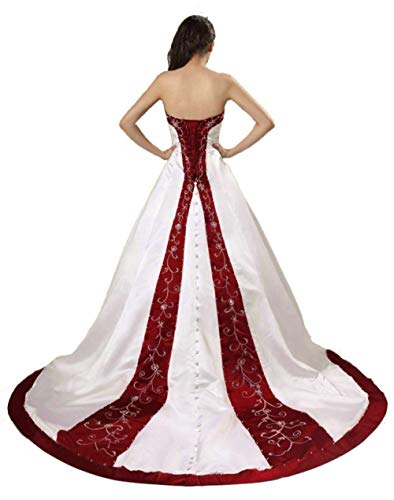 Zorayi Damen A-Linie Schlicht Satin Stickerei Brautkleid Hochzeitskleider Elfenbein & Burgund Größe 40