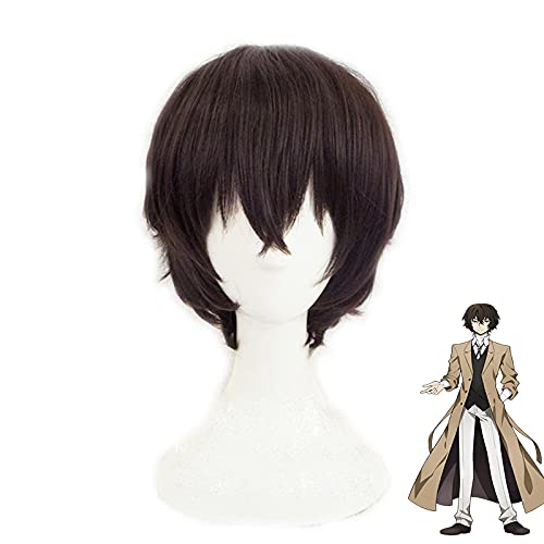 LINLINCD-Anime Bungou Streune Hunde Dazai Osamu Cosplay Requisiten Kurzer lockiges Perücke Hitzebeständige Faserhaare+Wig Cap Halloween Carnival Party