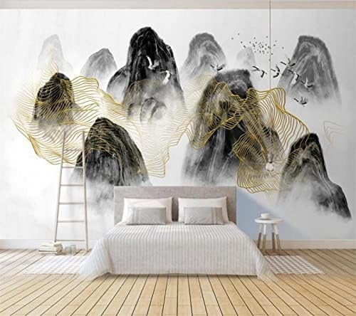 XLMING Abstrakte Tusche-Landschaft Goldlinie Küche Esszimmer Arbeitszimmer Wohnzimmer TV Hintergrund Wand 3D Tapete-200cm×140cm