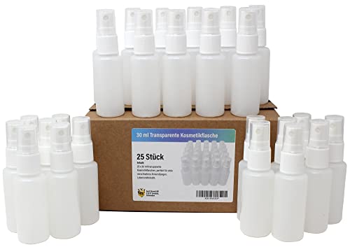 Aromhuset 30 ml Sprühflasche 25er-Pack | Leere kleine Sprühflaschen zum Befüllen von Wasser, Kosmetik, kolloidales Silber, Öl, zum Bügeln, Reinigen, Pflanzen, Friseursprühflaschen Reiseflaschen