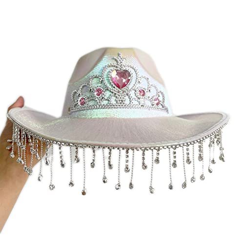 Oadnijuie Cowgirl-Hut mit Muster für Braut, Hochzeit, Foto, Kostüm-Requisiten, Sommer, Outdoor, Damenhut mit baumelnder Krempe, Brauthüte für Junggesellinnenabschied, Cowgirl-Brauthut, Brauthüte für