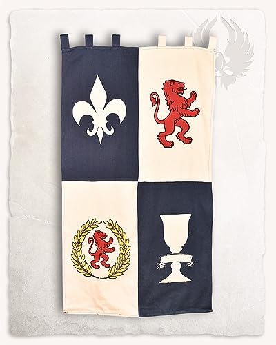 MYTHOLON Große blau/Natur Standarte, Banner, Fahne aus Baumwoll, mit Schlaufen, 160cm x 75cm, Mittelalter, LARP, Rollenspiele