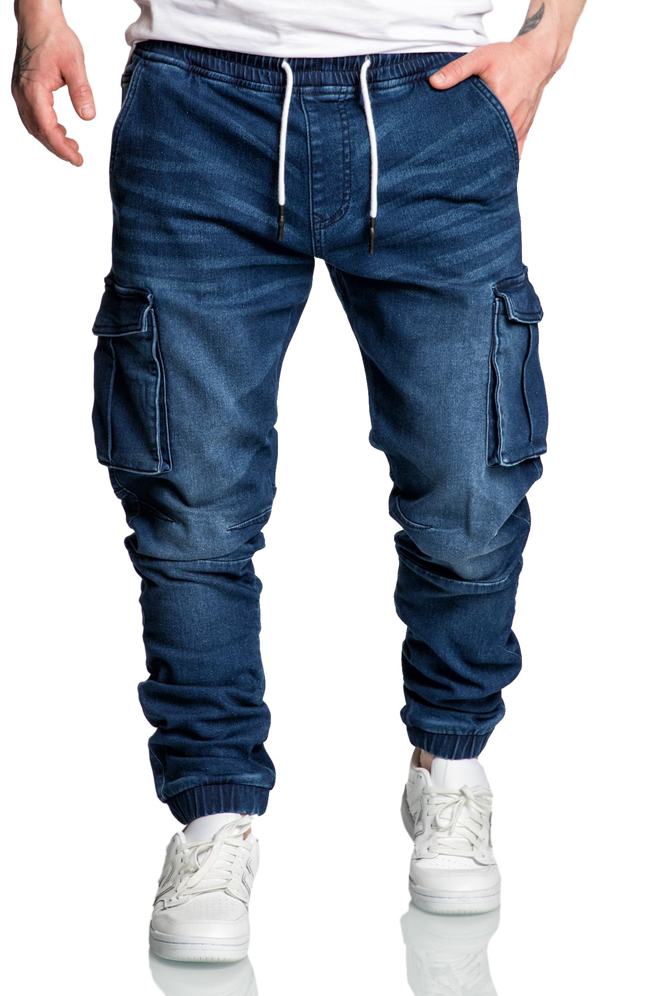 Amaci&Sons Herren Sweathose in Stretch Denim Männer Cargo Jogging Jeans 7024 Dunkelblau W38