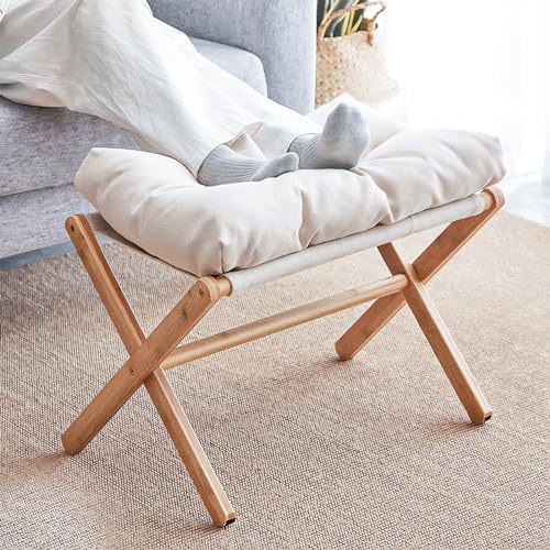 Nisorpa Faltbare Fußstütze für Sofa, Bambus Fußstütze Holz Schuhwechsel Hocker Klappbar Holz Fußhocker Tritthocker mit abnehmbarem Samtstoffkissen für Wohnzimmer